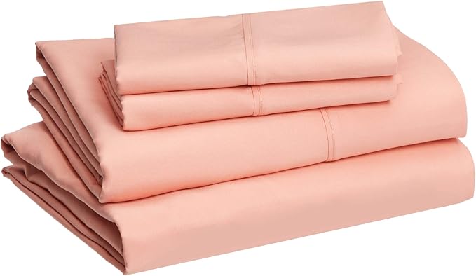 Amazon Basics Lightweight Super Soft Easy Care Microfiber 4-Piece Bed Sheet Set with 14-Inch Deep Pockets, Includes Comfortable Pillowcases, Queen, Peachy Coral, Solid