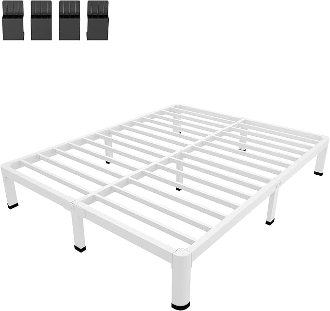 MAF 10 Inch Queen Size Bed Frame White with Round Corner Legs Mattress Slide Stopper No Box Spring Needed Heavy Duty Metal Platform Bed Frames Under-Bed Storage Space, 3000 LBS Steel Slats Support