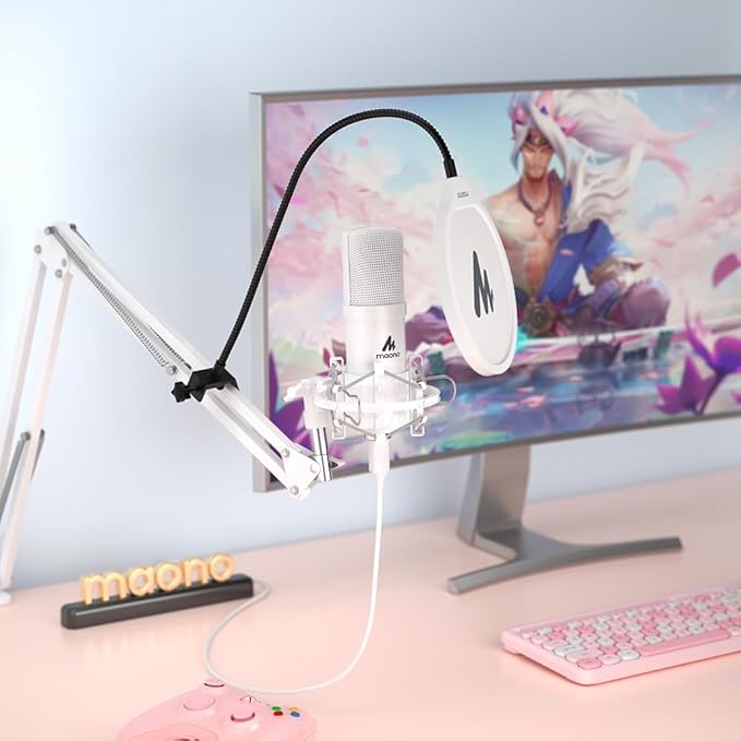 MAONO USB Microphone, 192kHz/24bit Plug & Play PC Computer Podcast Condenser Cardioid Metal Mic Kit with Professional Sound Chipset for Recording, Gaming, Singing, YouTube, AU-A04 White