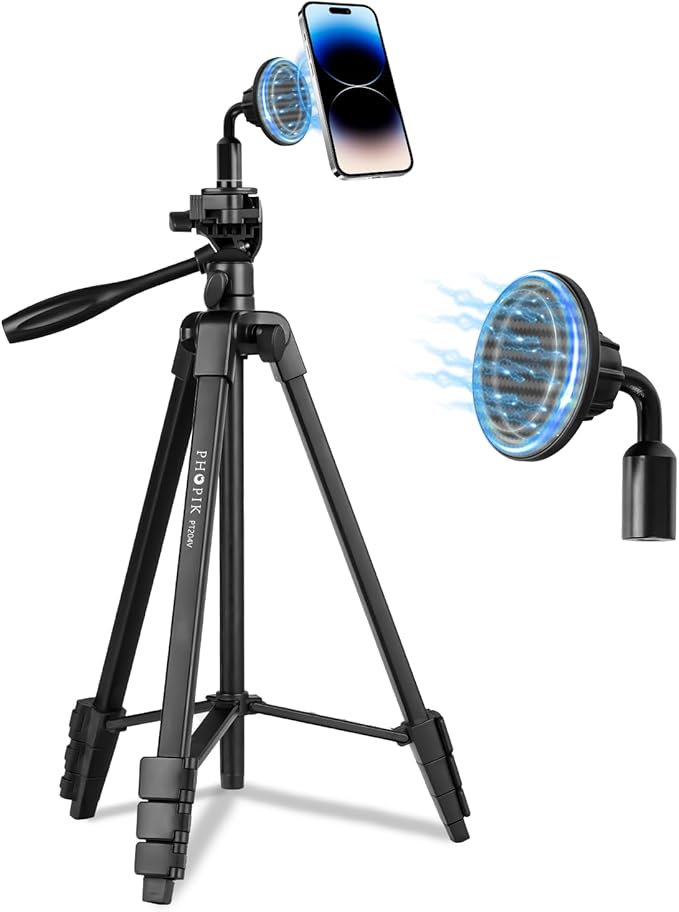 55" Phone Tripod, PHOPIK Aluminum Extendable Tripod Stand with Shutter, Carrying Bag, Compatible with iPhone/Android/Sport Camera&Insta 360 x5 Perfect for Video Recording/Selfies/Live Stream/Vlogging