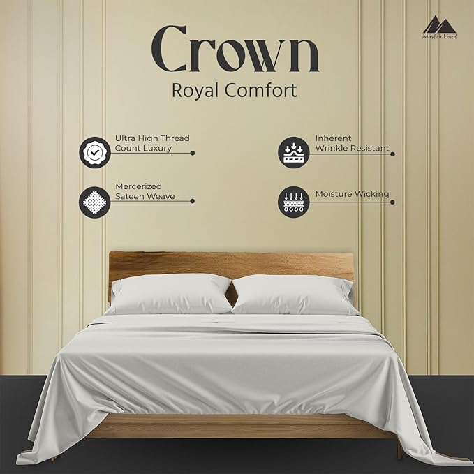 Mayfair Linen 100% Egyptian Cotton King Sheets Set - 2000 Series Luxury Sheets King Size Bed Set, Soft & Cooling, Sateen Weave 17" Extra Deep Pocket Hotel Collection Sheet (4 Pc, Light Grey)