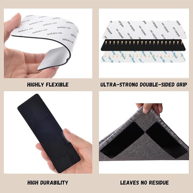 12-Pack Gripper for Rug for Hardwood Floors and Tiles: Double-Sided Reusable Rug Carpet Tape. Anti-Slip Tape Grips Area Rugs, Non-Slip Rug Pads Prevent Sliding, Curling, and Bunching (12 Rectangular)