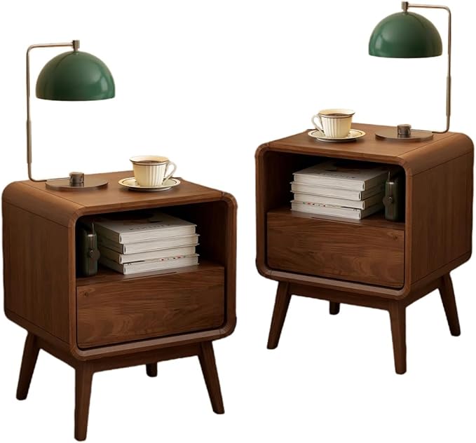 Walnut Night Stand Set of 2, Solid Wood Nightstand with Drawer, Walnut Bedside Table, Mid Century Modern Nightstand, Small Bed Side Table for Small Spaces Bedroom(Dark Black Walnut, 20.47" H)