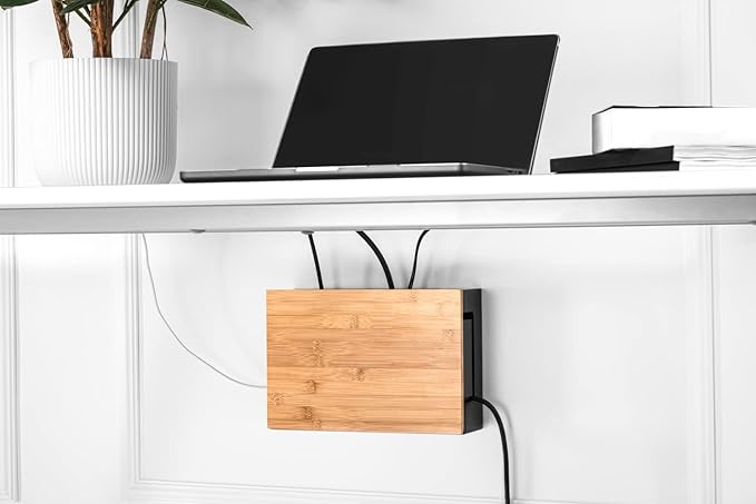 Bamboo Cable Management Box with Magnetic Lid - 12,6x7,9x4.3 in - Durable Cable Organizer to Hide Cords & Power Strip - Wall Mountable - Including Hardware - for Home, Office, Desk & More (Black)