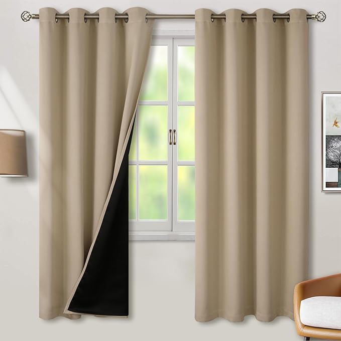 BGment Thermal Insulated 100% Blackout Curtains for Bedroom with Black Liner, Double Layer Full Room Darkening Noise Reducing Grommet Curtain (52 x 72 Inch, Sand, 2 Panels)