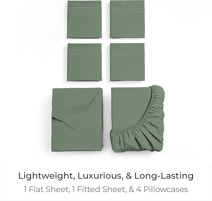 Mellanni Queen Sheet Set - 6-Piece Iconic Collection Bedding, (Including 4 Pillowcases), 16-Inch Deep Pocket, Easy Care, Extra Soft, Cooling Sheets, Brushed Microfiber - Sage