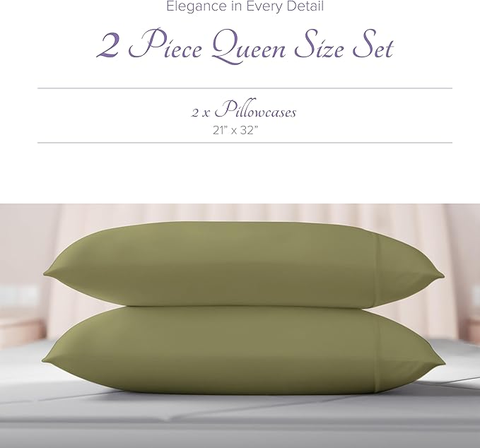 Carressa Linen 100% Egyptian Cotton Pillow Cases Queen Size Set of 2 - Luxury 600 Thread Count Sage Green Standard/Queen Size Pillowcases, Silky Soft, Cooling Sateen Weave Hotel Quality Pillow Cover