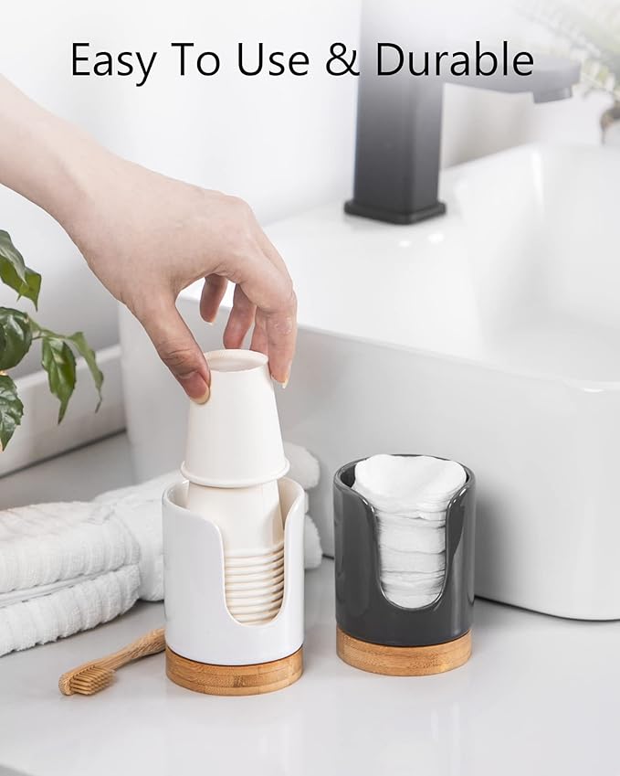 Ceramic Bathroom Cups Dispenser - 3 oz Disposable Paper & Plastic Bathroom Cups Holder - Mouthwash Cups Dispenser for Bathroom, Guest Toiletries, Countertop - BPA Free, Kids Safe(White)