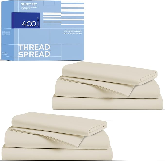 THREAD SPREAD 2-Pack Twin Cotton Sheets Sets - 400 Thread Count 100% Cotton Sateen Weave - Extra Soft, Breathable, Hotel Quality Cooling Sheets, 2 Sets of Twin Size Deep Pocket Bed Sheets (Ivory)