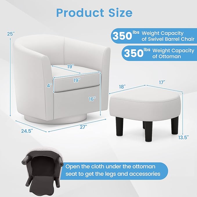 Giantex Swivel Small Accent Chair with Ottoman, Modern Barrel Club Chair w/Footrest, Curved Backrest & Armrests, Removable Seat Cushion, Swivel Single Sofa Arm Chair for Living Room, Bedroom(Creamy)