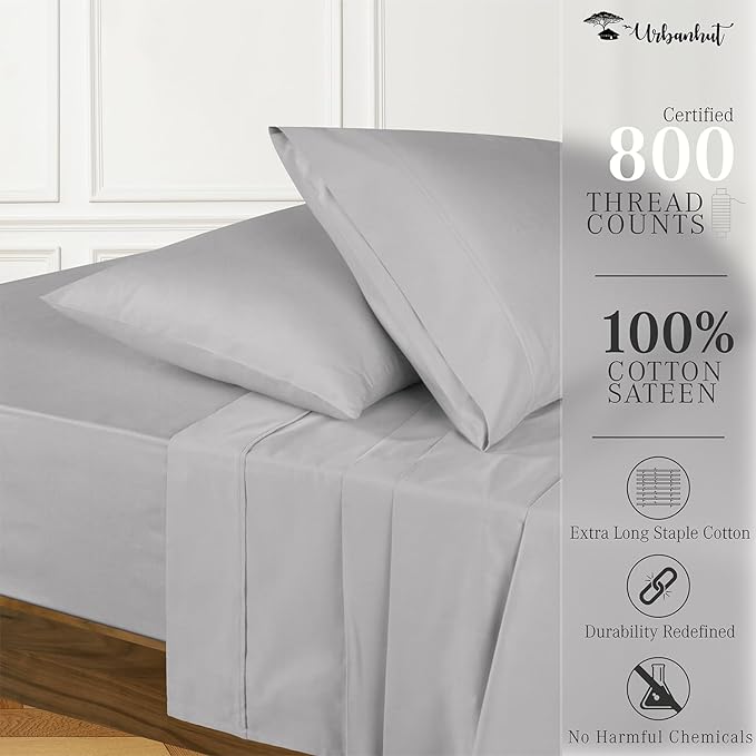 URBANHUT 800 Thread Count 100% Cotton Full Size Sheets, Luxury 4 Piece Full Bedsheets, Hotel Sheets Sateen Finish - Better Than Egyptian, 16" Elasticized Deep Pocket - Silver Grey