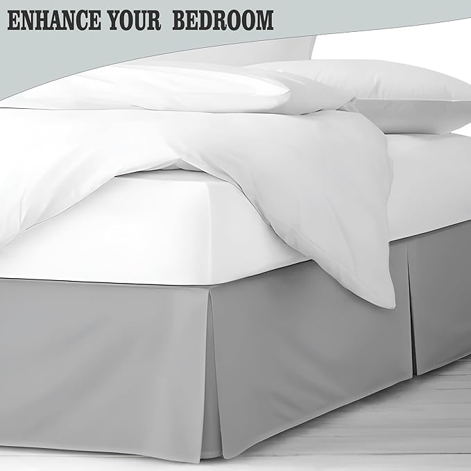 Pleated Bed Skirt Queen Size, 14" Drop with Platform Design for Secure Fit, Split Corners, Wrinkle-Resistant Microfiber for Modern Stylish Look, Tailored Bedding for Hotel Luxury - Light Grey