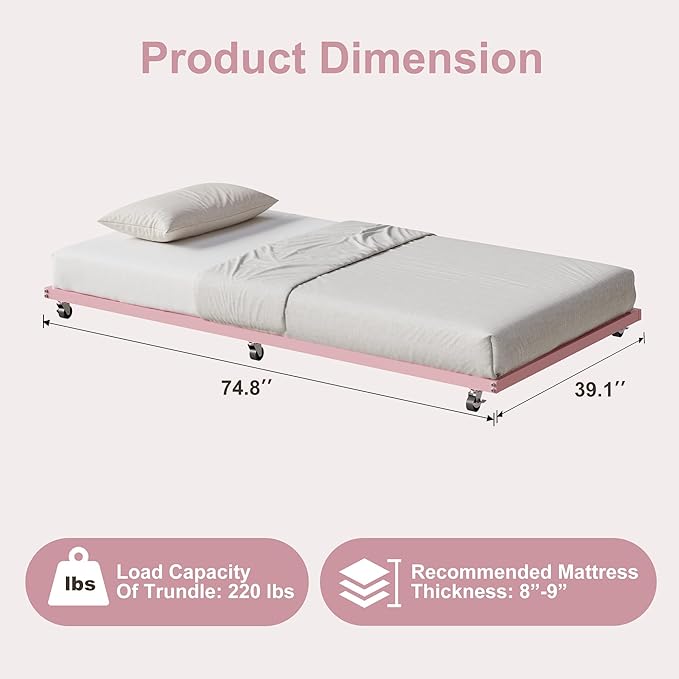 GarveeHome Twin Size Metal Roll Out Trundle Bed Frame with Wheels and Slats Support, Pink