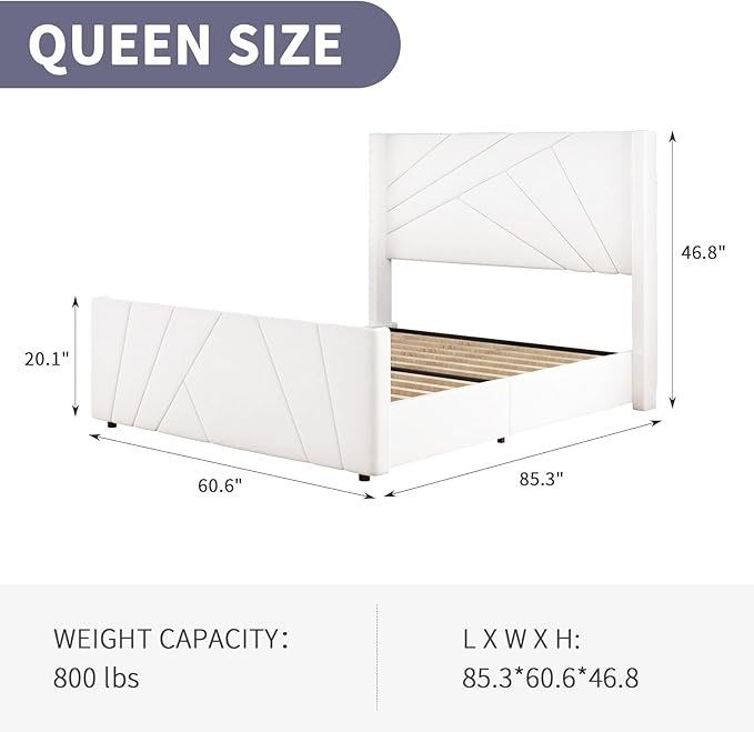 BarnFurin Queen Size Bed Frame, Velvet Upholstered Platform Bed with Geometric Tufted Headboard & Footboard, Wingback Design, Mattress Foundation with Wooden Slats, Cream White