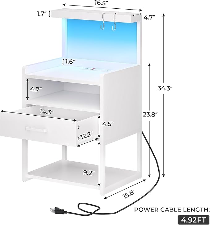 VIAGDO Nightstand with Charging Station and LED Lights, White Night Stand with Drawer, Modern End Side Table with Open Storage Shelves, Bedside Tables for Bedroom, Office