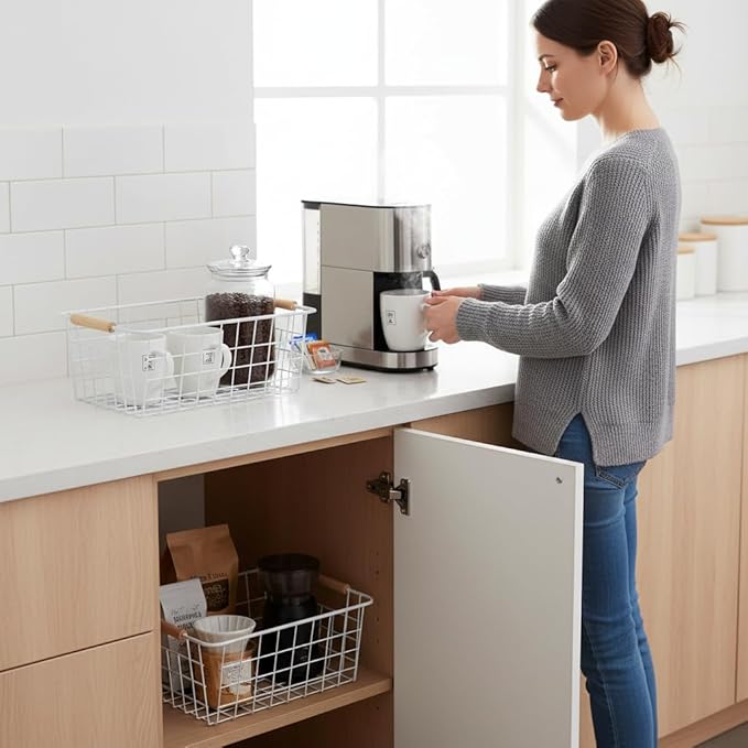 LeleCAT white wire baskets for organizing with Wooden Handles Storage Organizer Baskets, Household snack basket for Cabinets, Pantry, Closets, Bedrooms, pantry organizers and storage - Set of 2（White）