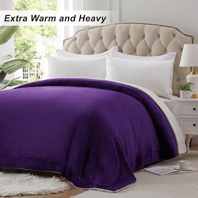 KAWAHOME Sherpa Fleece King Size Blanket for Bed - Extra Warm and Heavy Thick Blankets for Winter, Super Soft 500GSM Plush Blanket, 108" X 90" Purple