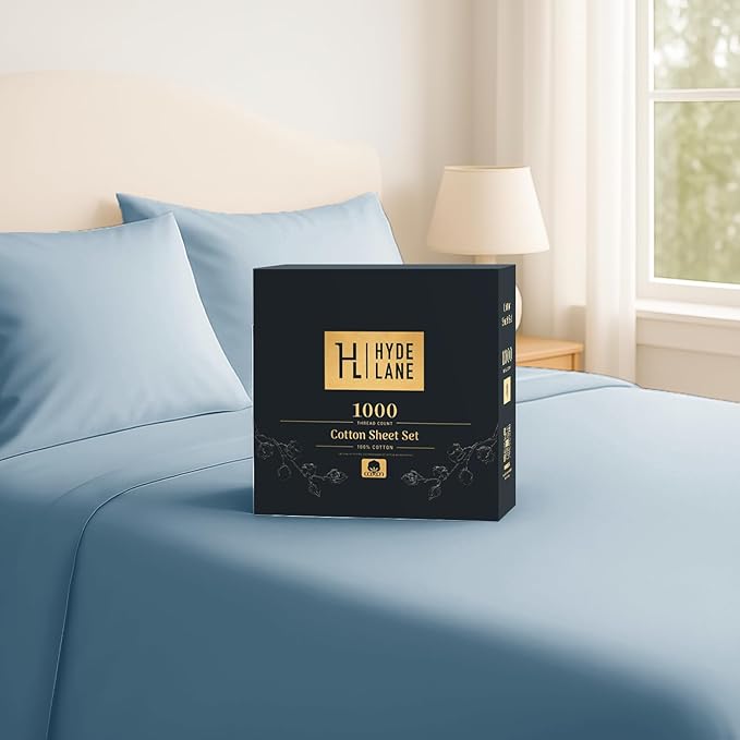 Hyde Lane Luxury 1000 Thread Count 100% Cotton Sheets | Very Soft & Thick - Fits Upto 20" Mattress | Sateen Weave Bed Sheets 18" Deep Pocket- 4 PC Sheet Set (Ashley Blue, California King)