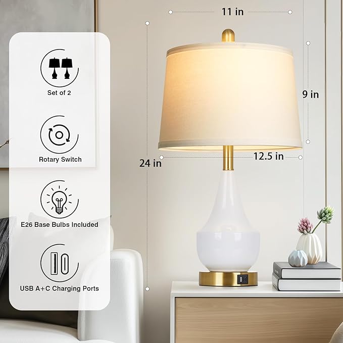 Modern White Table Lamp Set of 2, 24" Ceramic Table Lamp with USB A+C Ports,Classic Beside Lamps Nightstand Lamp Modern Lamp for Living Room, Bedroom & Office -LED Bulbs Included