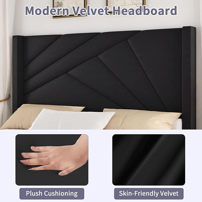 BarnFurin Queen Size Bed Frame, Velvet Upholstered Platform Bed with Geometric Tufted Headboard & Footboard, Wingback Design, Mattress Foundation with Wooden Slats, Black