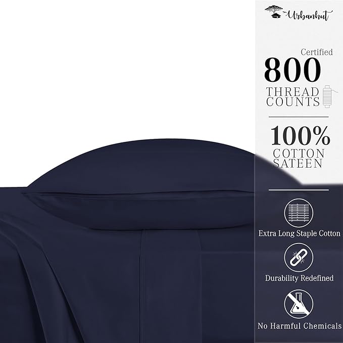 URBANHUT 800 Thread Count 100% Cotton Twin Size Sheets, Luxury 4 Piece Twin Bedsheets, Hotel Sheets Sateen Finish - Better Than Egyptian, 14" Elasticized Deep Pocket - Navy Blue