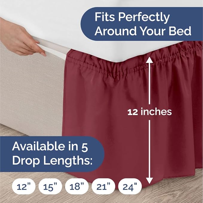 Wrap Around Dust Ruffle Bed Skirt - Burgundy - Twin/Twin XL Size Beds with 12 Inch Drop - Easy Fit Elastic - Adjustable Pleated Bedskirt w/Brushed Fabric Wrinkle Free - Women, Men, Kids & Teens