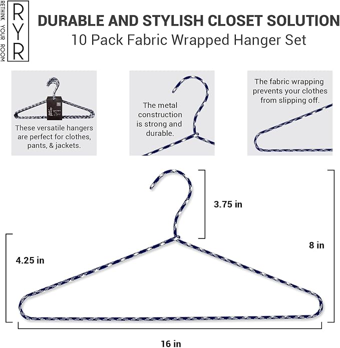 Clothes Hangers 60 Pack Stylish Fabric Wrapped Metal, Space Saving Coat, Velvet, Pant Hangers for Closet Organization, Durable Non-Slip, Navy/White Wardrobe Essentials Bulk Storage