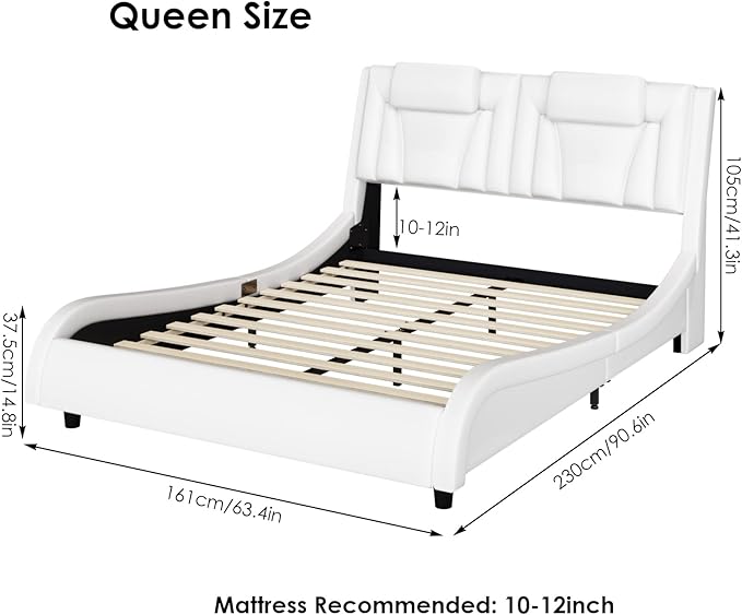Keyluv Upholstered Platform Bed Frame with Adjustable LED Headboard, Pu Leather, Wave-Like Curve Design and Solid Wooden Slats Support, No Box Spring Needed, Noise Free, Modern, Queen, White