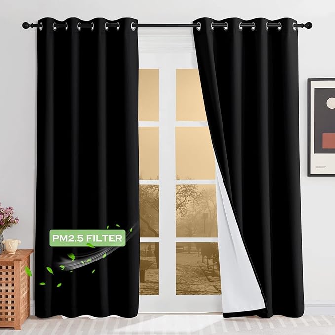 KGORGE Soundproof & Dust Particle Filtering Curtains 100% Blackout Window Cover Thermal Insulating Energy Smart Curtains for Living Room Bedroom Baby Nursery, W 52 x L 102 inches, Black, 1 Pair