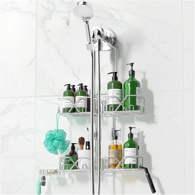 Stainless Steel Shower Caddy for Handheld Shower Heads,Rustproof Hose Shower Organizer Adjustable Length Shower Rack with 24 Hooks,Razor Holder,Soap Holder