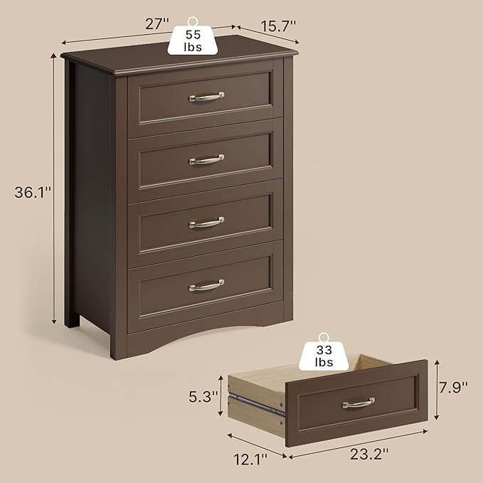 Gizoon Dresser for Bedroom with 4 Drawers Wooden Chest of Drawers for Closet Dresser Storage Unit Organizer for Hallway Living Room and Office, Dark Brown