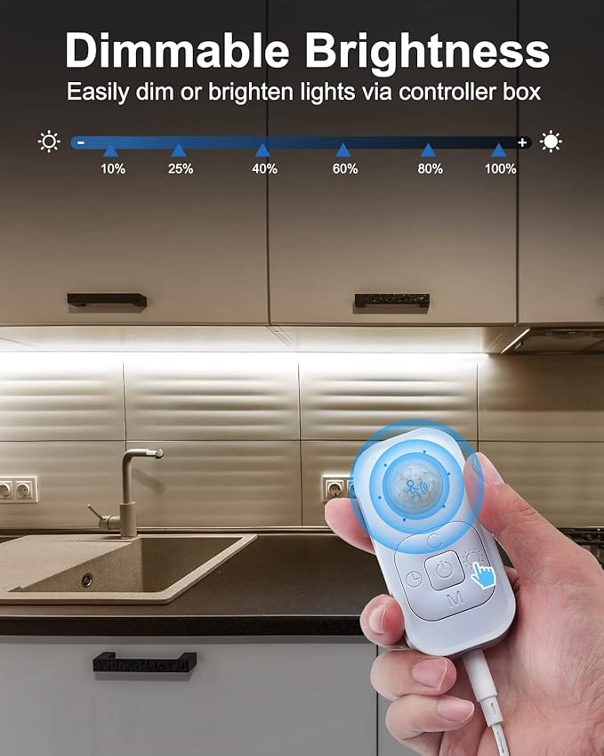 Motion Sensor Led Light Strip - Under Cabinet Lighting with Power Adapter, 6 Adjustable Brightness and Timing, Light Strips for Kitchen Cabinets, Stair, Showcase, Bedroom, 16.4ft 6000K ColdWhite