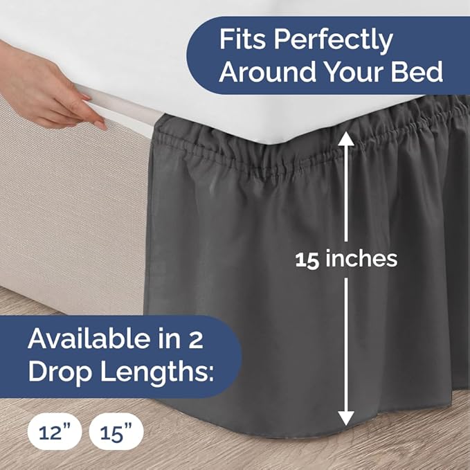 Wrap Around Dust Ruffle Bed Skirt - Charcoal - for Full Size Beds w/ 15 Inch Drop - Easy Fit Elastic Strap - Adjustable Pleated Bedskirt w/Brushed Fabric - Wrinkle Free - for Women, Men, Kids & Teens