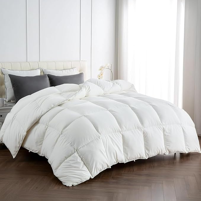 APSMILE Premium Down Feather Fibers Comforter Oversized Queen Size, All Season Duvet Insert with 8 Corner Tabs, Ultra Soft Poly-Cotton Cover Down Feather Fibers Comforter (White, 98 * 98")