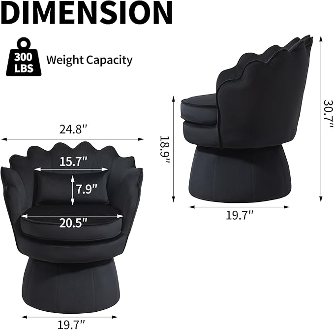 360° Swivel Accent Chairs Set of 2, Mid-Century Modern Velvet Barrel Chair, Comfy Shell Shape Arm Chair with Lumbar Pillow for Living Room, Bedroom, Office, Black