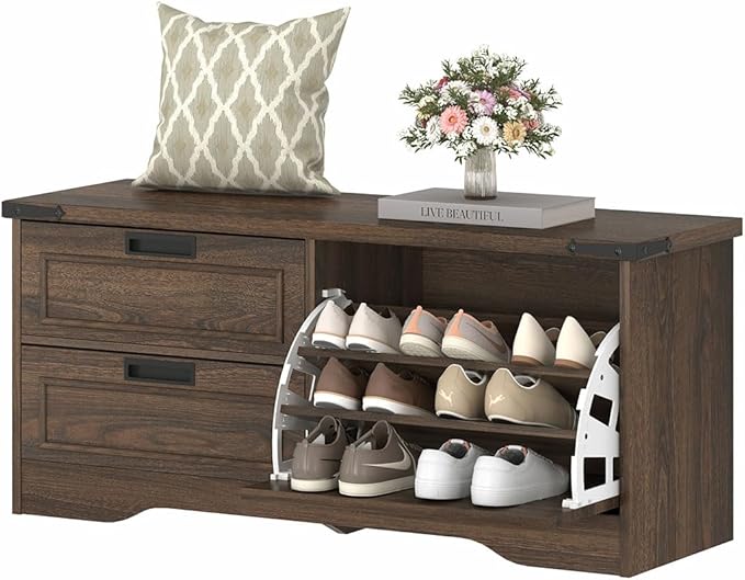 FATORRI Bench with Shoe Storage for Entryway, Wooden Shoe Benches with Flip Door and Drawers, Entry Way Shoes Organizer Cabinet for Living Room Mudroom (Dark Walnut)