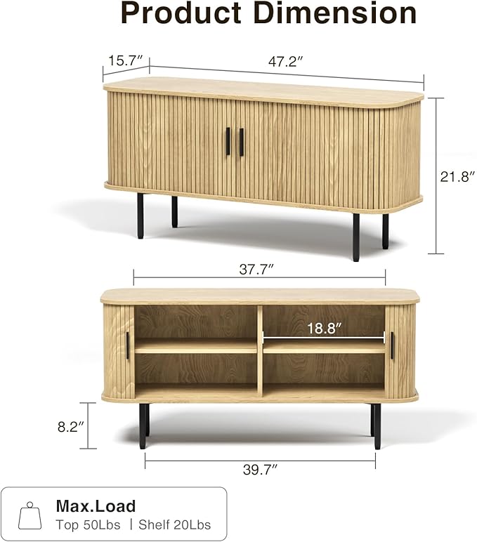 47''W Natural Storage Cabinet, Media Console, Tambour TV Stand; Sliding Door, Fluted Cabinet, Buffet Sideboard, Credenza, Table Stand for Living Room, Kitchen