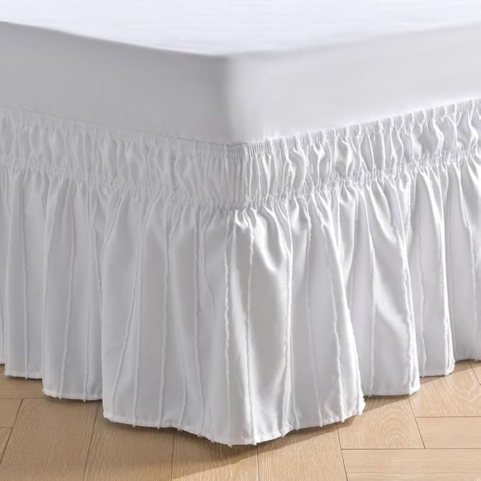 MIYE Striped Tufted Bed Skirt - Wrap Around Dust Ruffle with Elastic Belts - 15 Inch Drop Easy to Put On - Bedskirt Machine Washable ＆ Wrinkle Resistant(Striped/White, King/Queen-15 Drop)