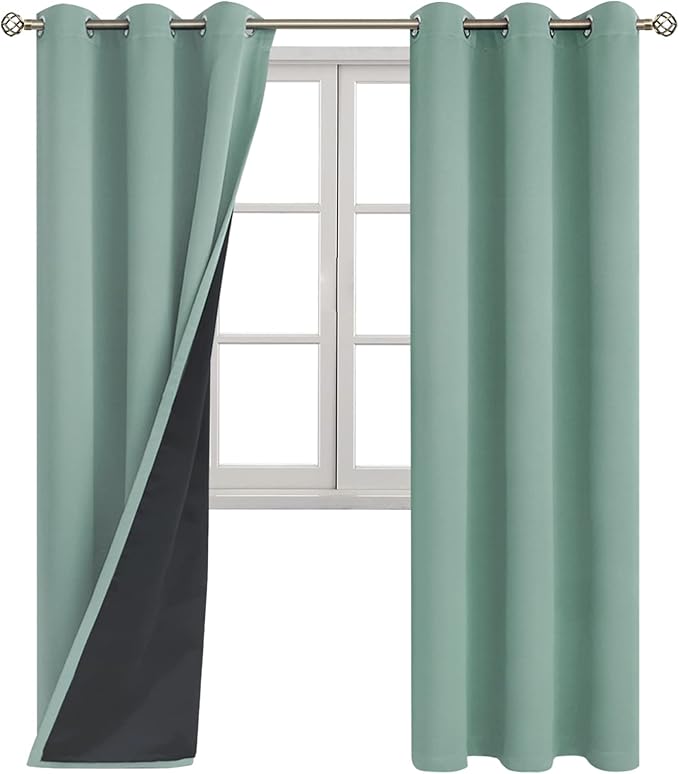 BGment Thermal Insulated 100% Blackout Curtains for Bedroom with Black Liner, Double Layer Full Room Darkening Noise Reducing Grommet Curtain (42 x 84 Inch, Frosty Green, 2 Panels)