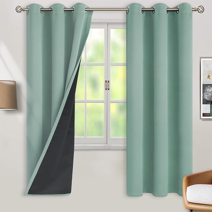 BGment Thermal Insulated 100% Blackout Curtains for Bedroom with Black Liner, Double Layer Full Room Darkening Noise Reducing Grommet Curtain (42 x 72 Inch, Frosty Green, 2 Panels)