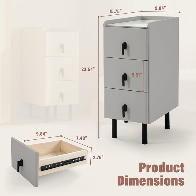 Lamberia Narrow Nightstand with 3 Drawers, Narrow Side Table, Small Bedside Table for Bedroom, Living Room, End Table for Small Space, Dark Grey, 9.8''W x 15.8" D x 23.5" H
