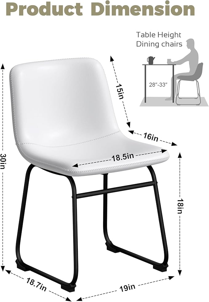 Dining Chairs Set of 2, 18 Inch Kitchen Chairs with Back, Faux Leather Armless Dining Room Chairs with Metal Legs for Home, Bistro Coffee Shops (White)
