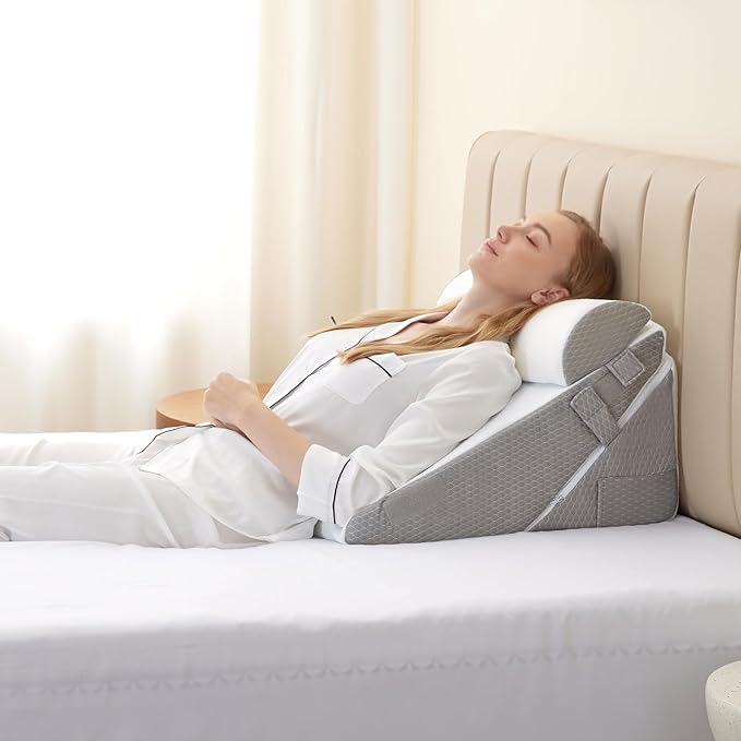 Bedluxe Wedge Pillow Headboard, 3PCS Orthopedic Bed Wedge Pillows Set for After Surgery, Adjustable Pillow Wedge for Acid Reflux&Back Pain Relief, Sleeping, Back Pillow for Bed Sitting Up, White/Grey