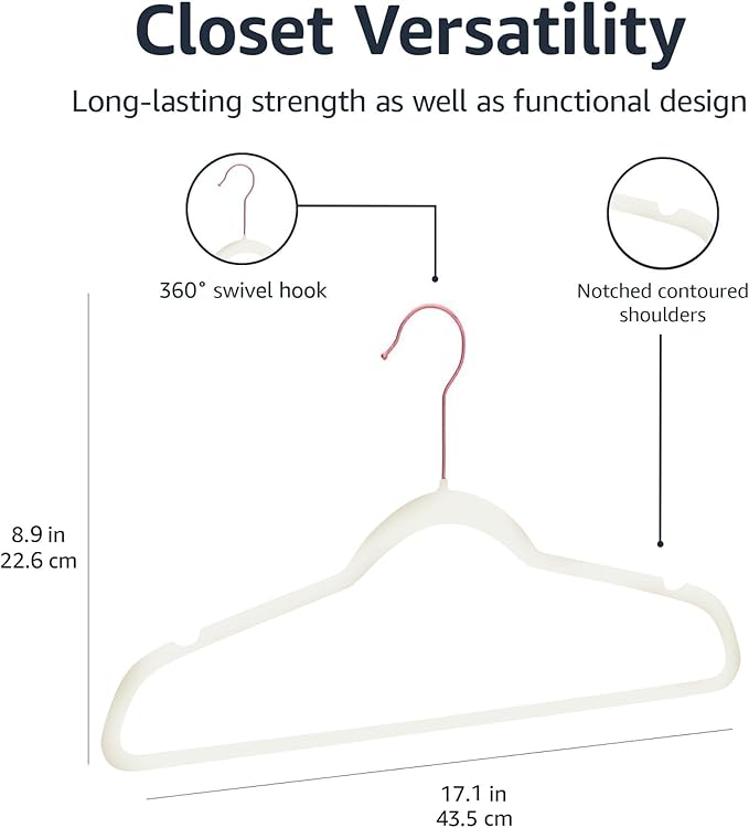 Amazon Basics Slim, Velvet, Non-Slip Sturdy Clothes Hangers, 50-Pack, Ivory/Rose Gold