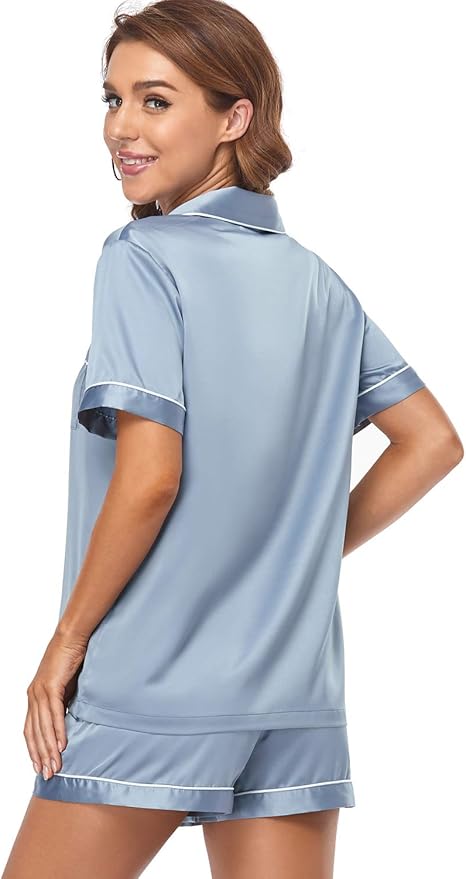 Women's Satin Pajama Set 2-Piece Sleepwear Loungewear Button Down Short Sleeve Silky PJ Set