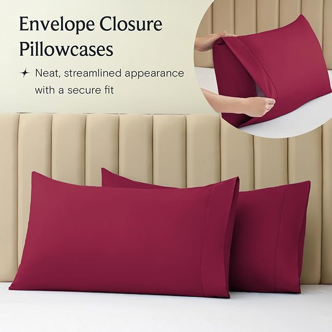 LuxClub 4 PC King Sheet Set, Deep Pockets Wrinkle Free Cooling Bed Sheets Hotel Bedding for Women, Men, Includes 1 Fitted Sheet, 1 Flat Sheet and 2 Pillowcases-Burgundy