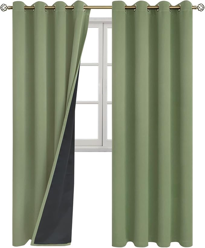 BGment Thermal Insulated 100% Blackout Curtains for Bedroom with Black Liner, Double Layer Full Room Darkening Noise Reducing Grommet Curtain (52 x 90 Inch, Grass Green, 2 Panels)
