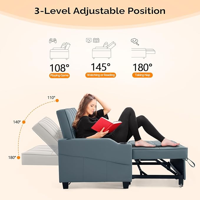 VINGLI Convertible Loveseat Sleeper, Blue Grey Faux Leather Futon Sofa Bed Pullout Couch Bed with USB Ports, Cup Holders, Armrest for Living Room, Bedroom, Home Office Apartment
