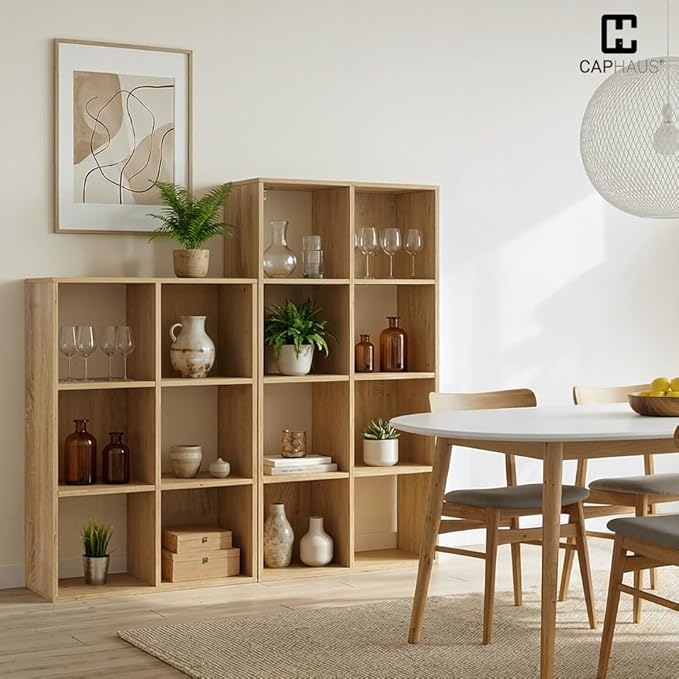 CAPHAUS Sturdy Room 11-Inch Cube Storage Organizer Shelf, with Thick Exterior Edge, Storage Shelf Divider w/Back, Bookcase, 8-Cube, Natural Oak