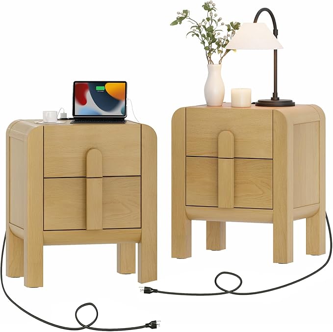 WAMPAT 23.7" Tall Modern Nightstands Set of 2, Wood Nightstand with Charging Station, Bedside Table w/2 Storage Drawers, Curved Profile Design, Sofa Side Table Accent Table for Bedroom, Oak